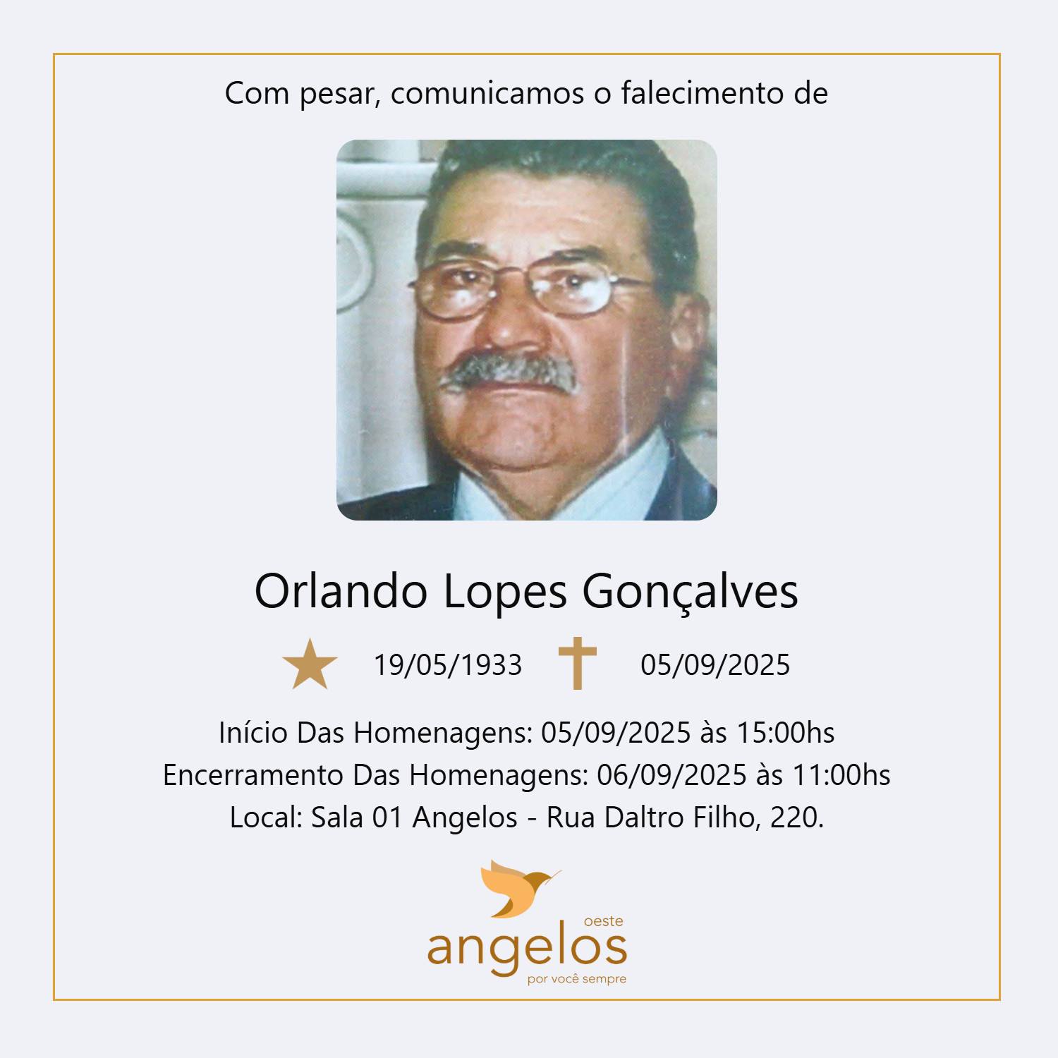 Obituário: Orlando Lopes Gonçalves - 92 anos - 05/09/2025