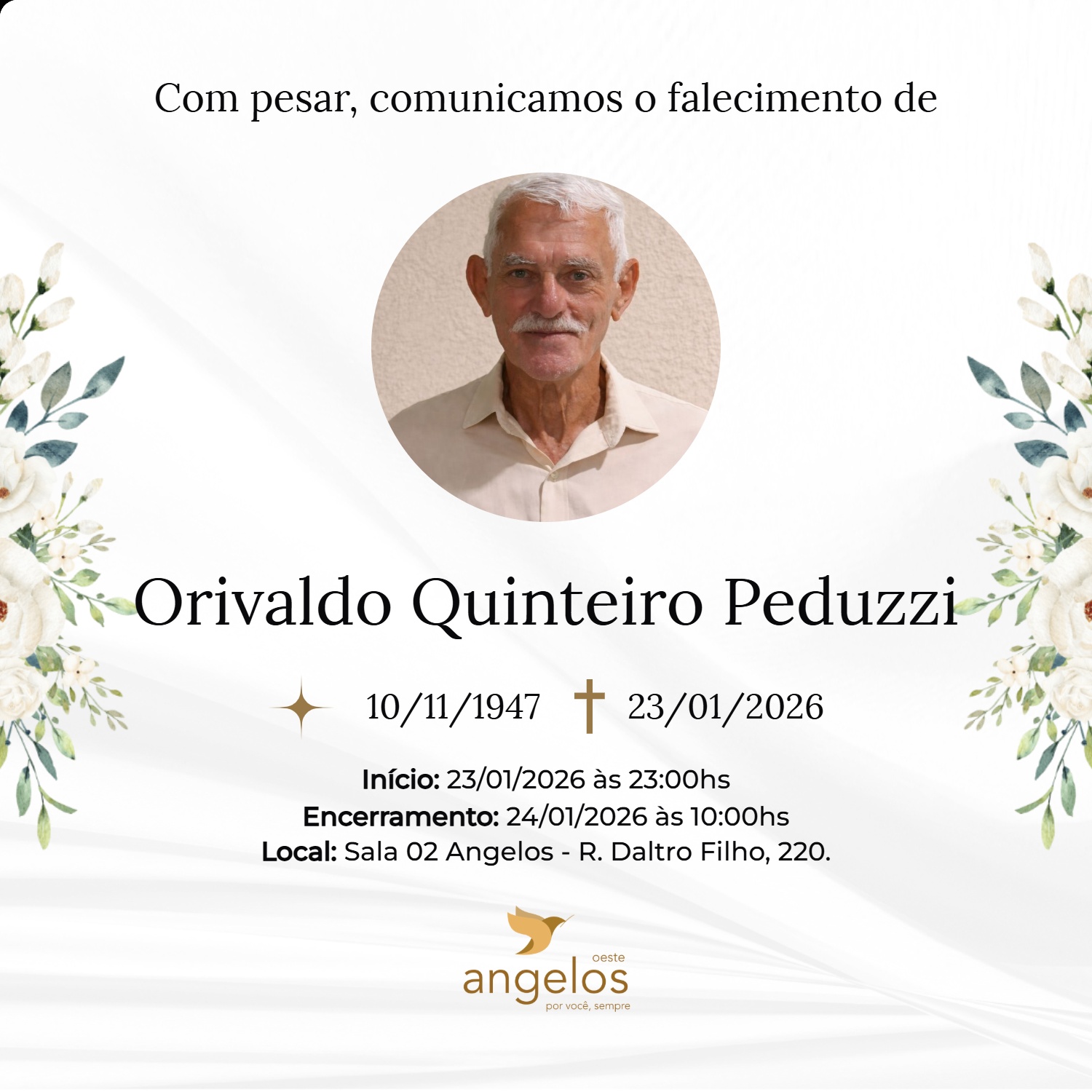 Obituário: Orivaldo Quinteiro Peduzzi - 78 anos - 23/01/2026