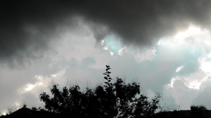 Céu carregado de nuvens escuras de tempestade sobre a silhueta de árvores