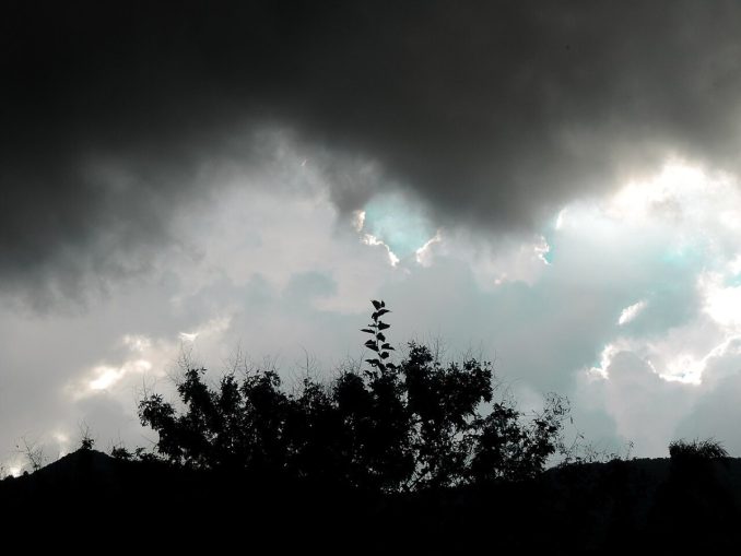 Céu carregado de nuvens escuras de tempestade sobre a silhueta de árvores